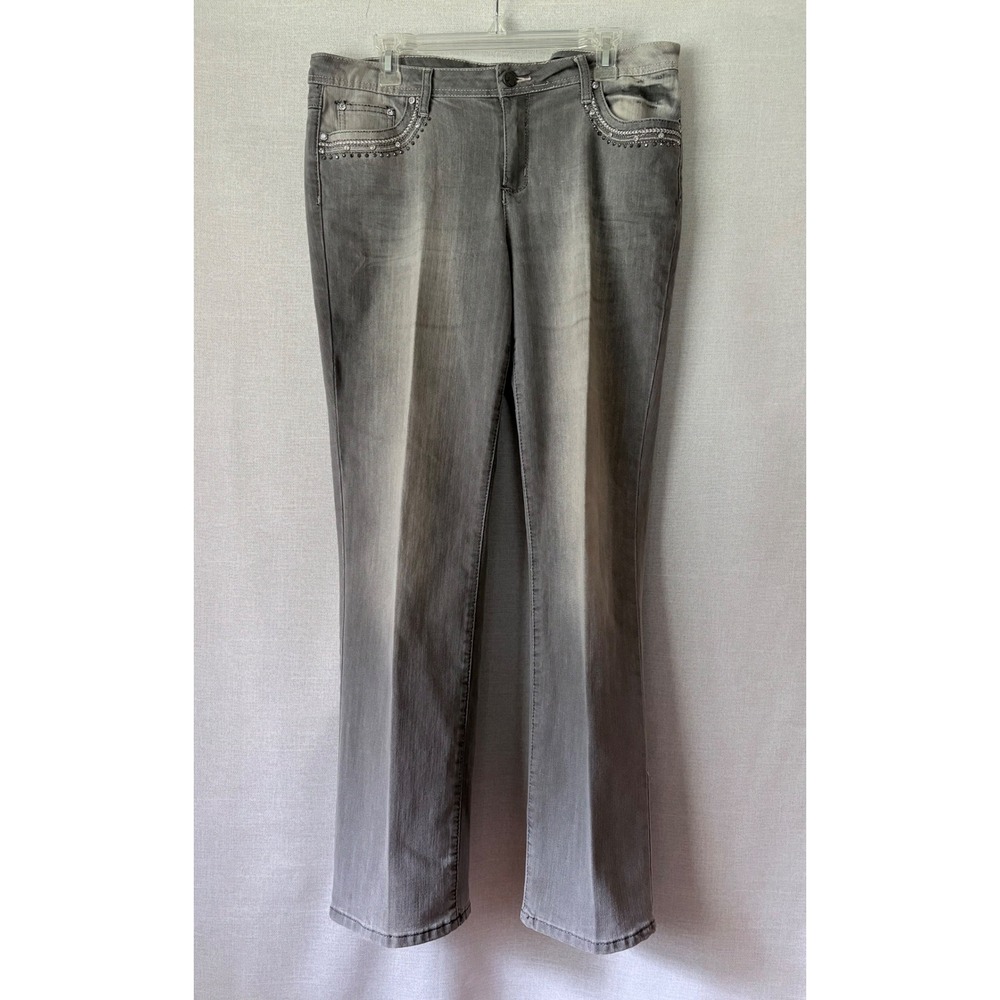Earl Jean Womens 14 Gray Straight Leg Rhinestone Embellished Faded Denim Jeans